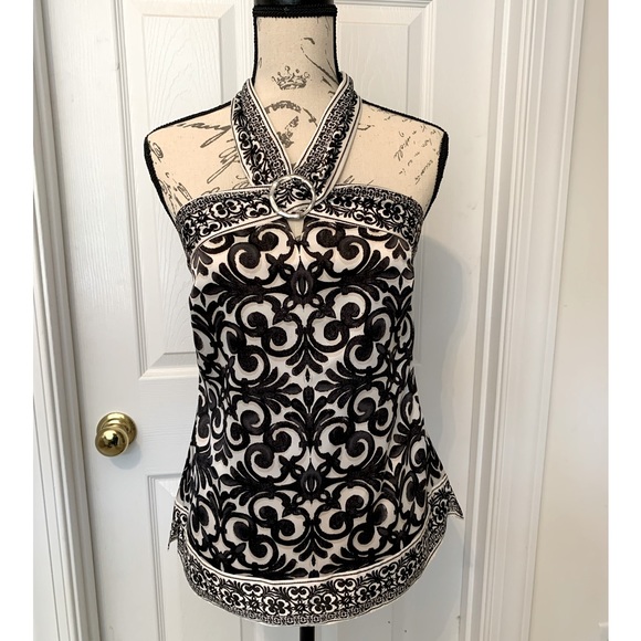White House Black Market Tops - Fancy black and cream halter top with silver ring deco
